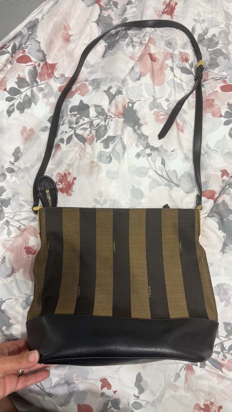 Fendi Pequin Stripe Canvas and Leather Crossbody Bucket Bag